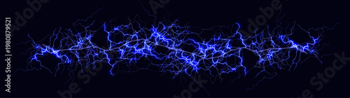 Electric lightning energy line, blue neon plasma sparks, high voltage abstract background Lightning effects for game VFX, sci-fi tech banners, wallpapers, headers. Vector illustration