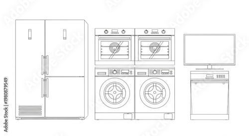 CAD drawings of major home appliances including refrigerator, ovens, washing machines and television