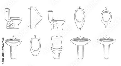 Comprehensive CAD Outline Collection of Modern Bathroom Fixtures Toilets, Urinals, and Sinks for Architectural and Plumbing Design Projects