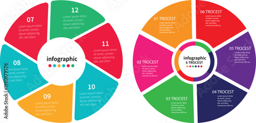 Set of circular infographic templates with six segments and numbered steps for business presentation and data visualization