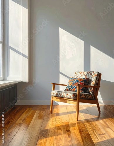 Sunlight streams through a window, illuminating a patterned armchair placed on a warm wooden floor in a minimalist interior.