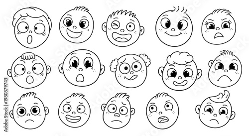 Essential CAD vector pack of expressive human faces, showcasing a spectrum of emotions for digital design, animation, and graphic projects
