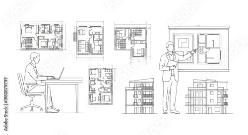Illustrative CAD workflow for modern architectural design and planning, showcasing detailed floor plans, building structures, and professional project presentations