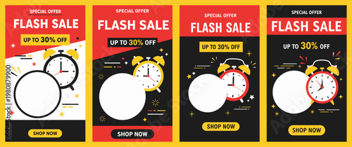 Four colorful flash sale posters with clocks and discounts are displayed on a wall.