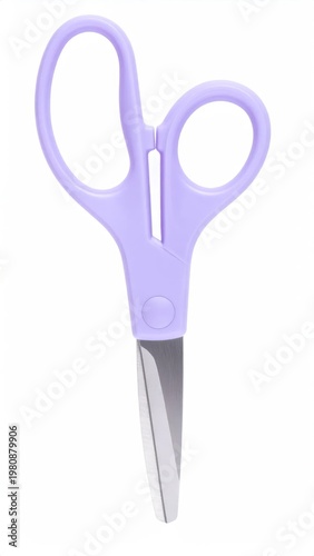 A close-up shot showcases a pair of vibrant purple scissors against a clean white background, highlighting their sharp blades and ergonomic design.