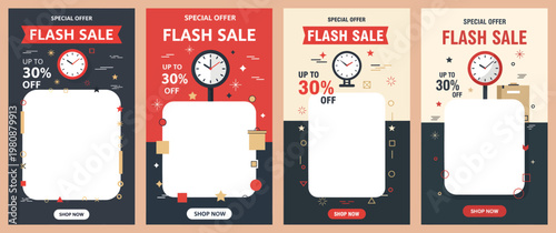 Four flash sale templates with clocks and discounts on colorful backgrounds for marketing