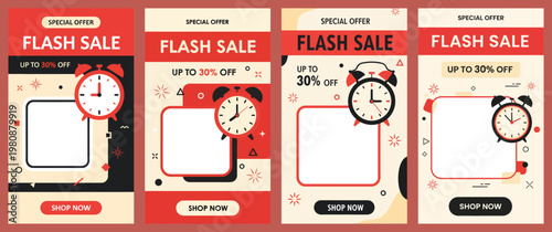A flash sale advertisement with clocks and discounts displayed on various promotional posters.