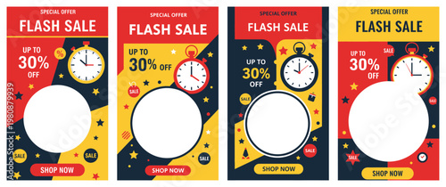 Four colorful flash sale posters with clocks and discounts are displayed on a white background.