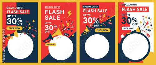 Vibrant flash sale banners with colorful designs and discounts are displayed on a yellow background for marketing purposes.