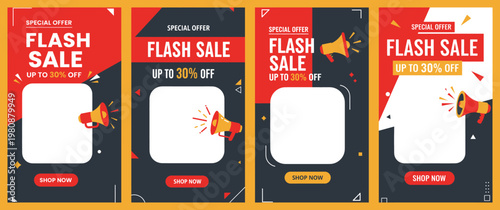 A promotional flash sale event displays four discount banners with colorful illustrations and white space for text on a vibrant background.