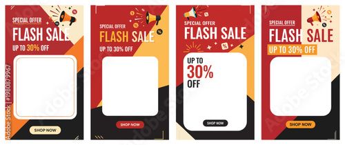 Four colorful sale banners with discounts are displayed on a white background for marketing purposes.