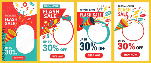 A flash sale advertisement with colorful designs and discounts is promoted on a digital screen.