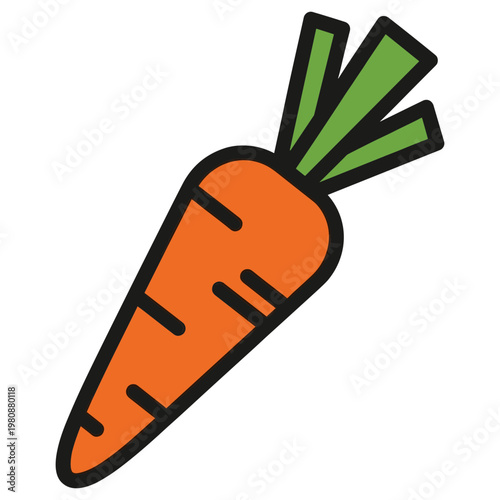 Vibrant orange carrot with green leaves on white background