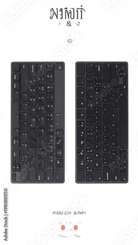A minimalist composition featuring two black wireless keyboards against a white background with stylized text and graphic elements.