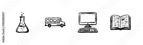 School Education and Science Learning Elements with Hand-Drawn Inky Brush Strokes and Sketchy Doodle Style