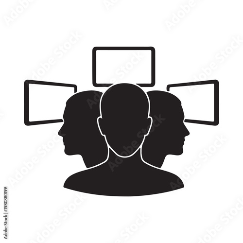 Three distinct human head silhouettes are depicted with blank rectangular screens floating above them, suggesting ideas of communication, information overload, mental processing
