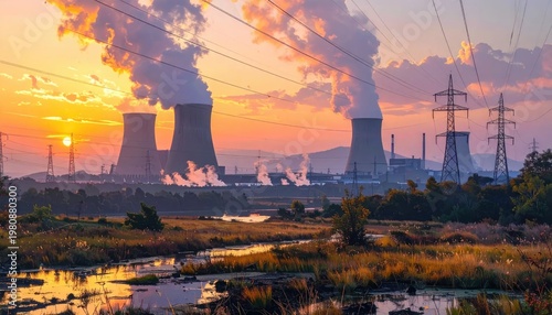 A vibrant sunset illuminates a sprawling industrial complex featuring cooling towers and power lines, set against a backdrop of rolling hills and a marshy foreground.