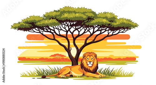 lat style illustration of lion resting under acacia tree in African savanna with warm sunset sky, representing wildlife beauty, nature, and safari adventure theme