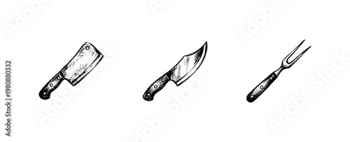 Professional Meat Knives and Butchery Tools in Hand-Drawn Inky Style with Textured Brush Strokes