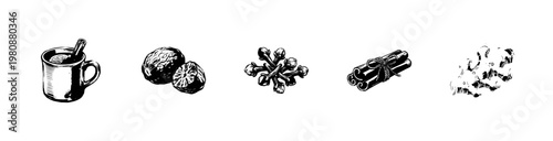 Winter Spices and Hot Mulled Drink Ingredients with Hand-Drawn Inky Brush Strokes and Organic Calligraphic Lines