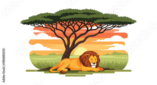 lat style illustration of lion resting under acacia tree in African savanna with warm sunset sky, representing wildlife beauty, nature, and safari adventure theme