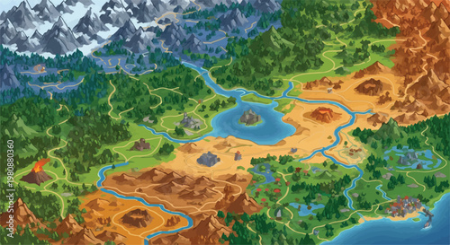 Fantasy game world map vector, isometric RPG adventure landscape with diverse biomes, colorful strategy game map with mountains forests and desert terrain