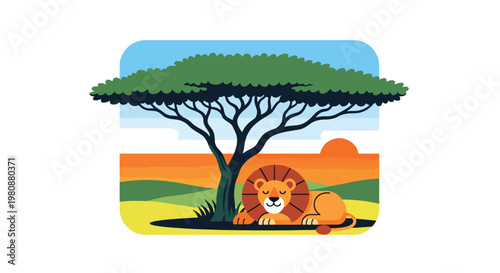 lat style illustration of lion resting under acacia tree in African savanna with warm sunset sky, representing wildlife beauty, nature, and safari adventure theme