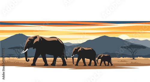 Flat style illustration of elephant family walking across dry savanna with mountains and sunset sky, symbolizing wildlife, nature connection, and safari travel experience