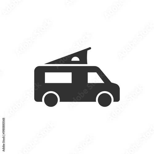 Camper van with pop up roof icon. Mobile home vehicle with expandable roof. Monochrome black and white symbol