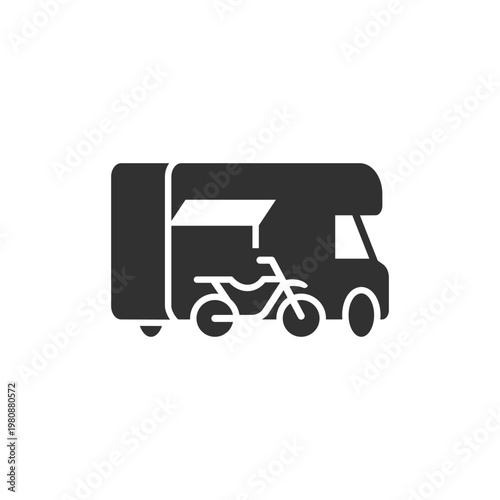 Camper van with motorcycle icon. Transport with additional vehicle. Monochrome black and white symbol