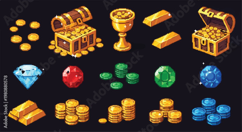 Pixel art game treasure icons set, retro 8-bit style gold coins and treasure chests with gems, fantasy RPG loot assets with gold bars and jewelry on black