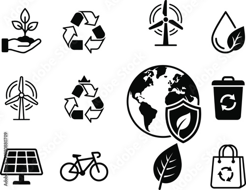 Eco sustainability solid icons set with recycling, renewable energy, green technology and environmental protection symbols ideal for apps, web and branding