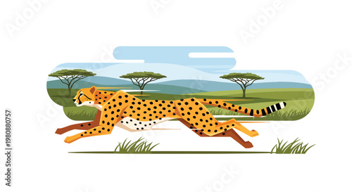 Flat style illustration of cheetah running across savanna with dynamic motion and grassland background, symbolizing speed, power, and wild safari adventure