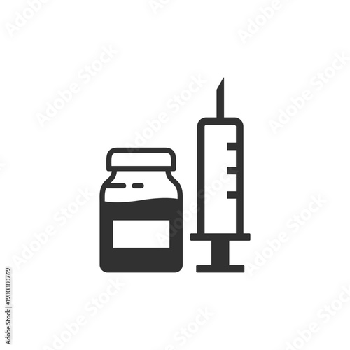 Vaccine vial with syringe icon. Injection and immunization treatment. Monochrome black and white symbol