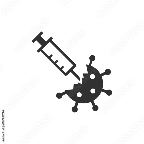 Virus with syringe icon. Vaccination and disease treatment. Monochrome black and white symbol