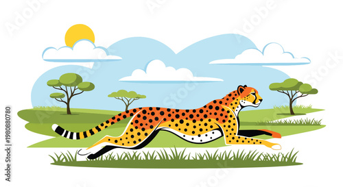 Flat style illustration of cheetah running across savanna with dynamic motion and grassland background, symbolizing speed, power, and wild safari adventure