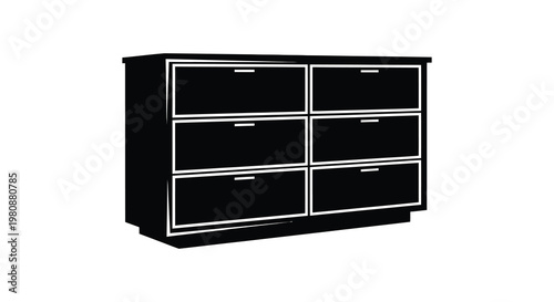 Black dresser with six drawers presented as a stark graphic silhouette