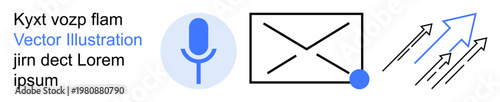 Communication, digital tools, business analytics, voice recognition, email marketing, innovation. Microphone, envelope icon arrows showing growth. Communication and digital tools concept