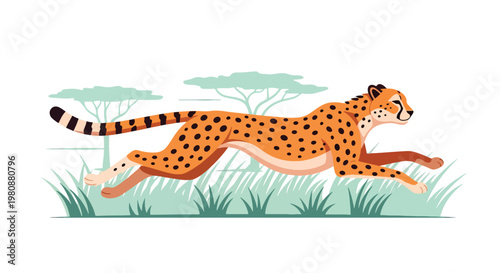 Flat style illustration of cheetah running across savanna with dynamic motion and grassland background, symbolizing speed, power, and wild safari adventure