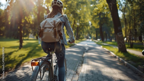 Back view of a young woman wearing a helmet and backpack while riding a bicycle through a green park. The image captures freedom, movement, and an active lifestyle, perfect for themes of travel.