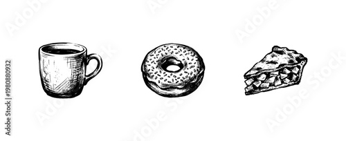 Coffee Shop Bakery and Breakfast Pastry Elements with Textured Hand-Drawn Ink Illustration and Bold Doodle Aesthetic