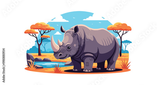 Flat style illustration of rhino standing near watering hole with trees and sky, representing endangered wildlife, nature, and safari conservation awareness