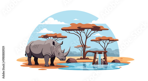 Flat style illustration of rhino standing near watering hole with trees and sky, representing endangered wildlife, nature, and safari conservation awareness