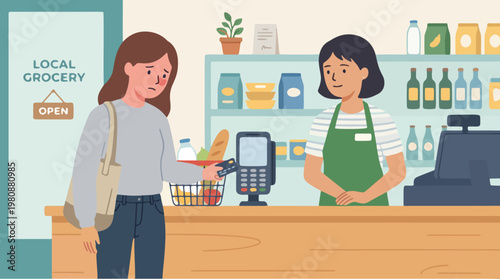 Illustration of payment failure at cashier with customer feeling embarrassed during transaction.