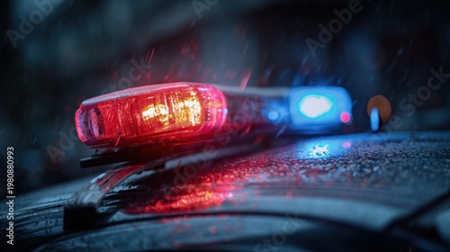 Red and blue police emergency lights mounted on top of a police vehicle during nighttime, reflecting on wet surface