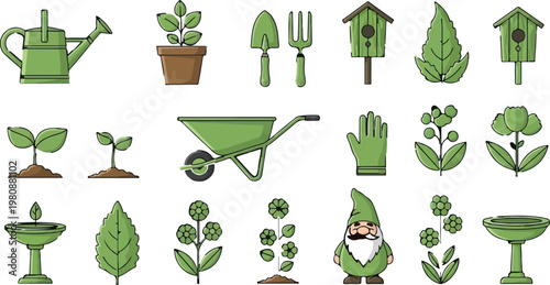 Green gardening icons set with wheelbarrow and watering can. Horticulture equipment and garden tools vector collection. Flat botanical elements for spring.