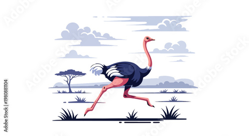 Flat style illustration of ostrich running in open savanna with grass and horizon, representing speed, wildlife diversity, and natural safari environment