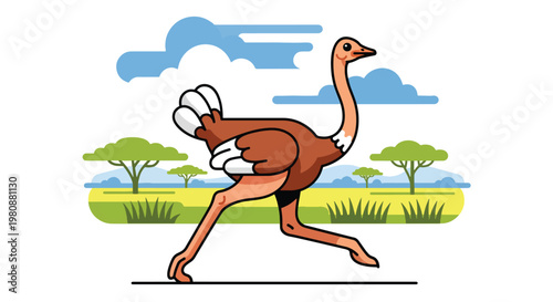 Flat style illustration of ostrich running in open savanna with grass and horizon, representing speed, wildlife diversity, and natural safari environment