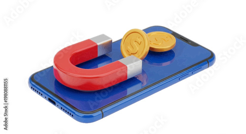 Vector illustration of 3d illustration of a magnet attracting gold coins on a smartphone screen on a transparent background