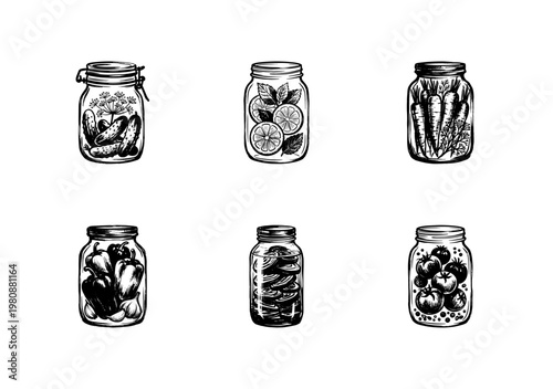 Pickled Vegetables and Preserved Garden Harvest Jars with Fluid Engraving Style in Hand-Drawn Sketchy Style